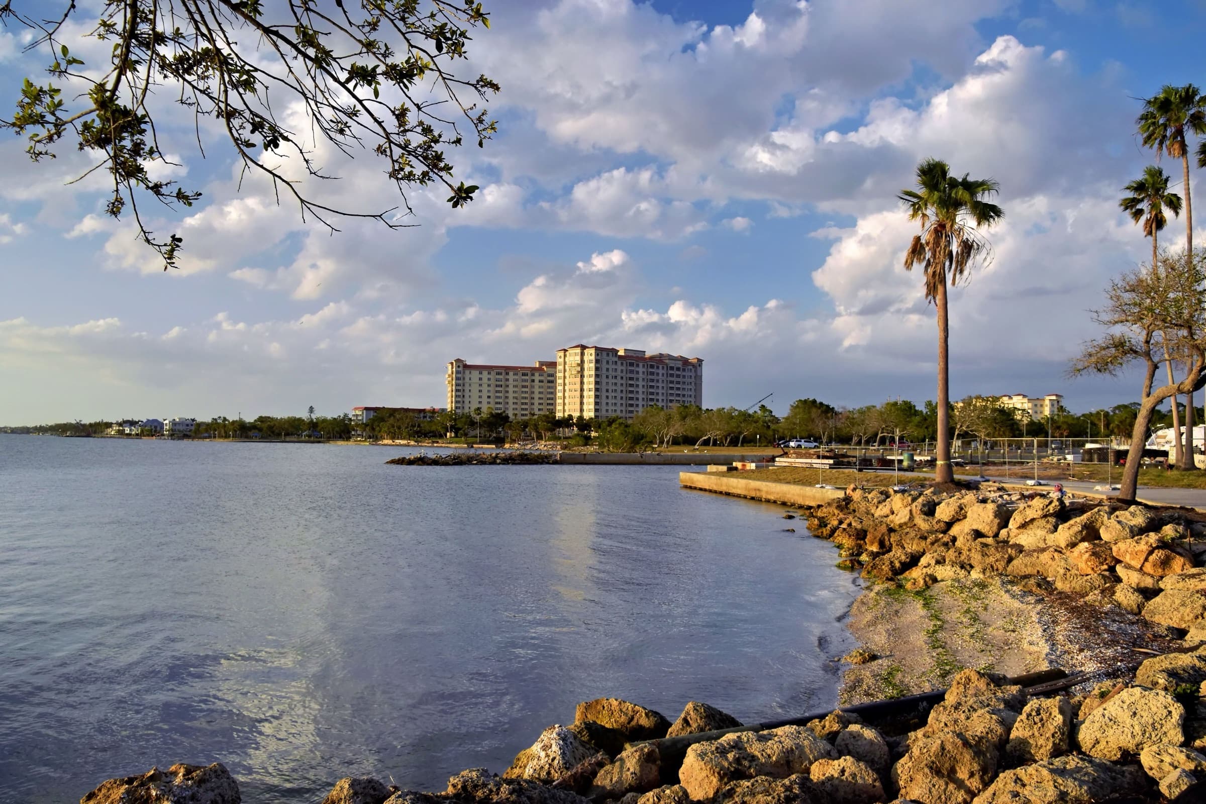 Calm bay shoreline with rock riprap, sabal palms and low buildings on the far shore, the kind of setting we work with for landscaping in Port Isabel, TX