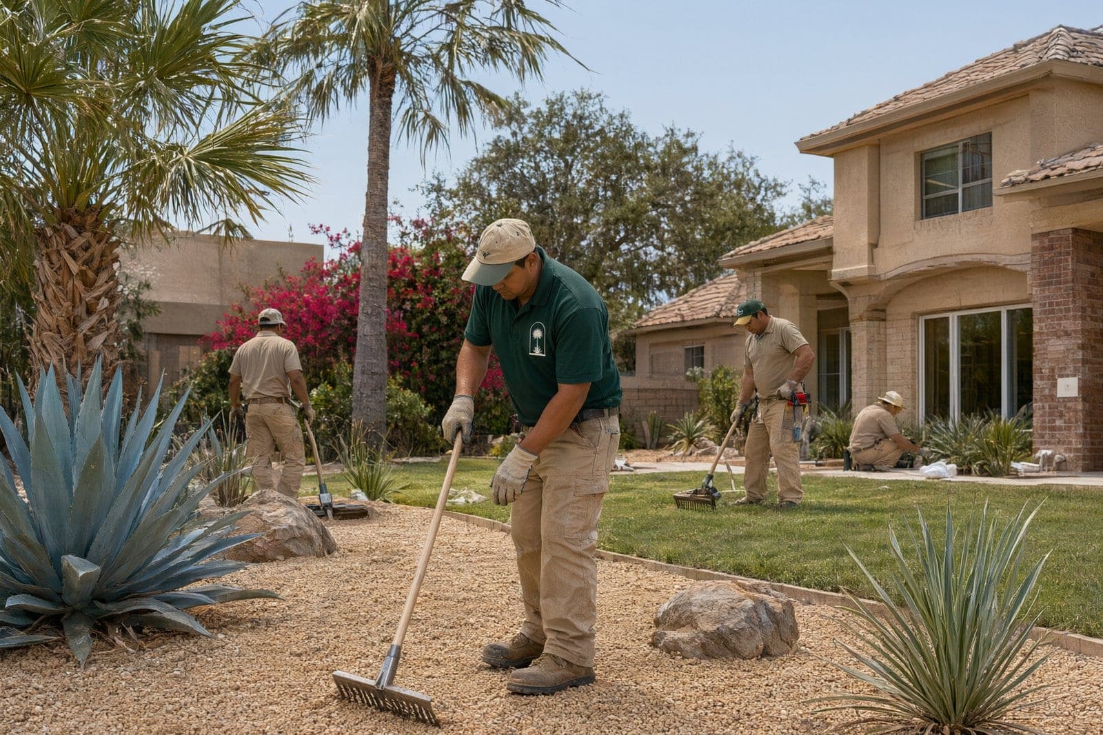 Crew member raking decomposed granite smooth in a new xeriscape yard with blue agaves, yucca, boulders and a sabal palm
