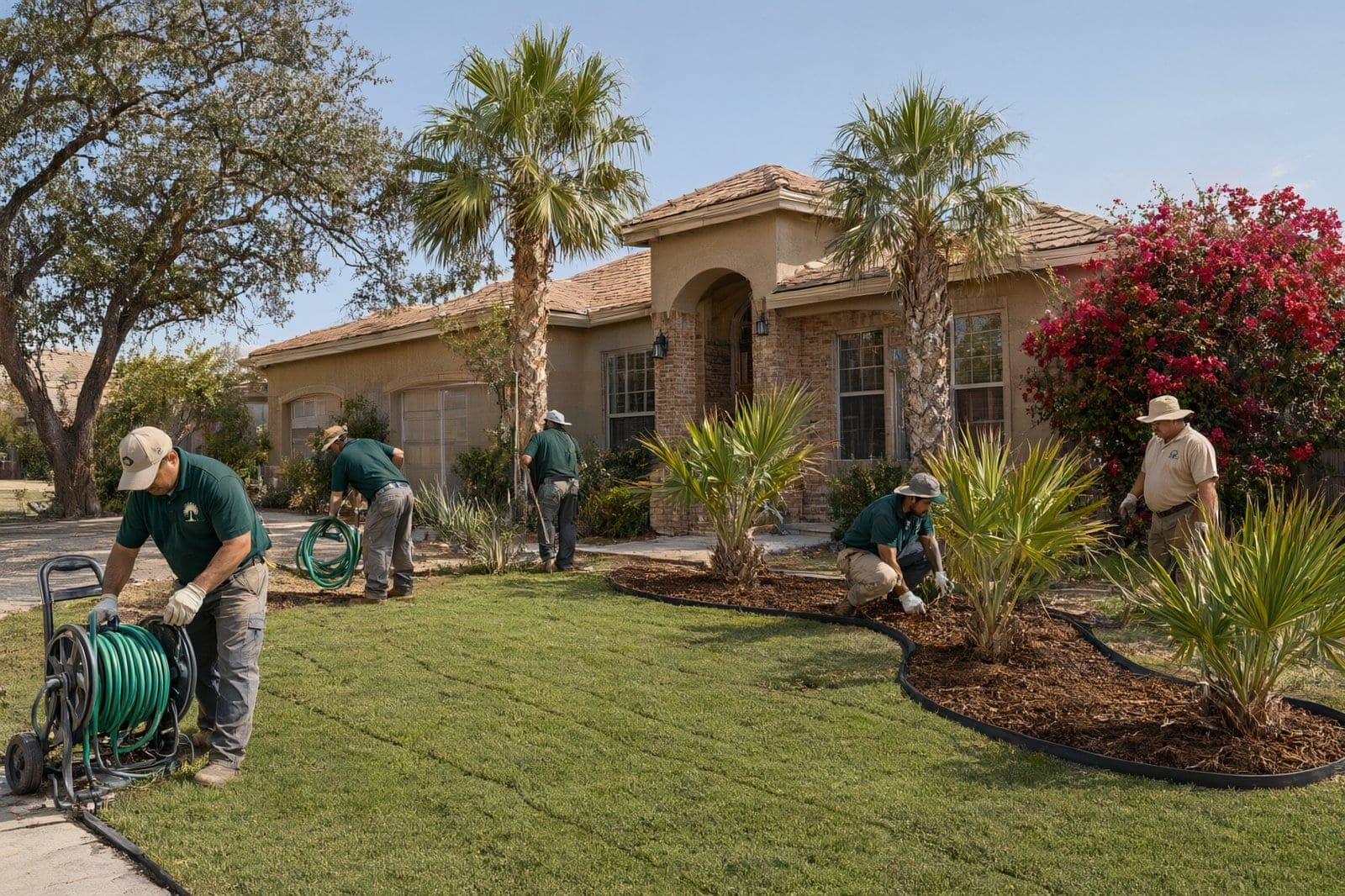 Front yard just finished with new St. Augustine sod, young palms in curved mulch beds with black edging, crew member coiling a hose