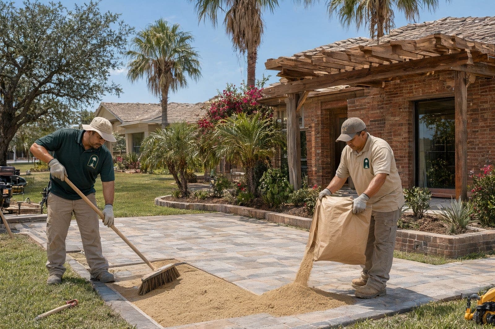 New paver patio under a cedar pergola behind a brick home, crew sweeping polymeric sand into the joints from a plain bag