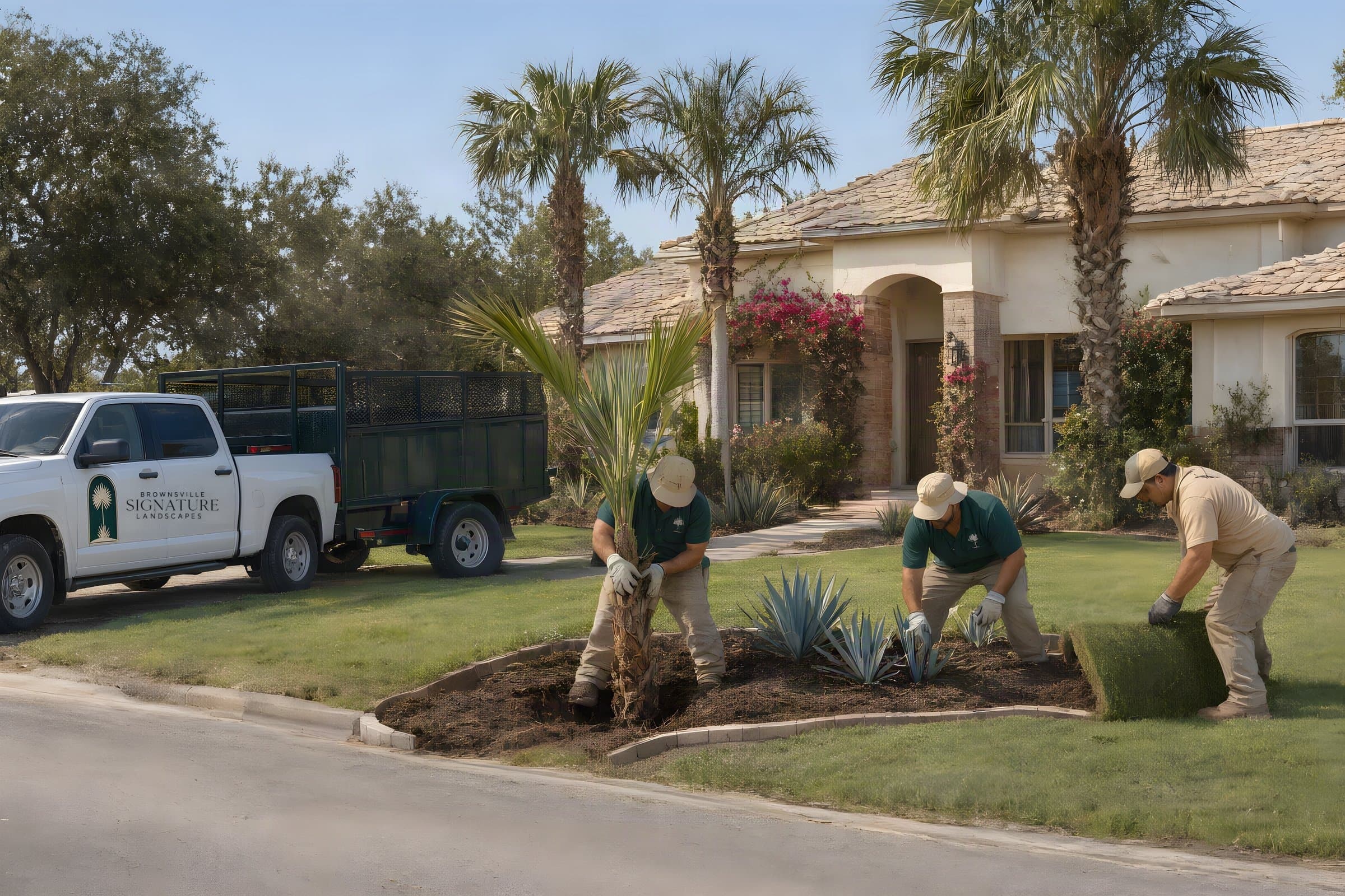 Our crew doing front yard landscaping in Brownsville, TX: planting a young palm, blue agaves and new sod at a stucco home, with the company pickup and trailer at the curb