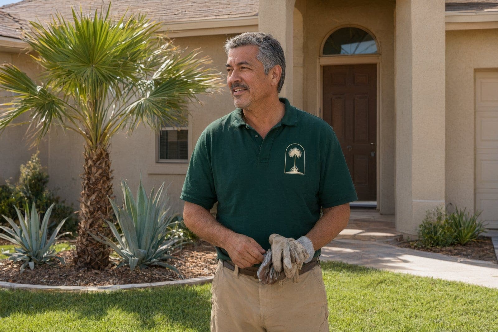 Mateo Garza, owner of Brownsville Signature Landscapes, in a dark green company polo in a finished front yard with a young palm and agaves