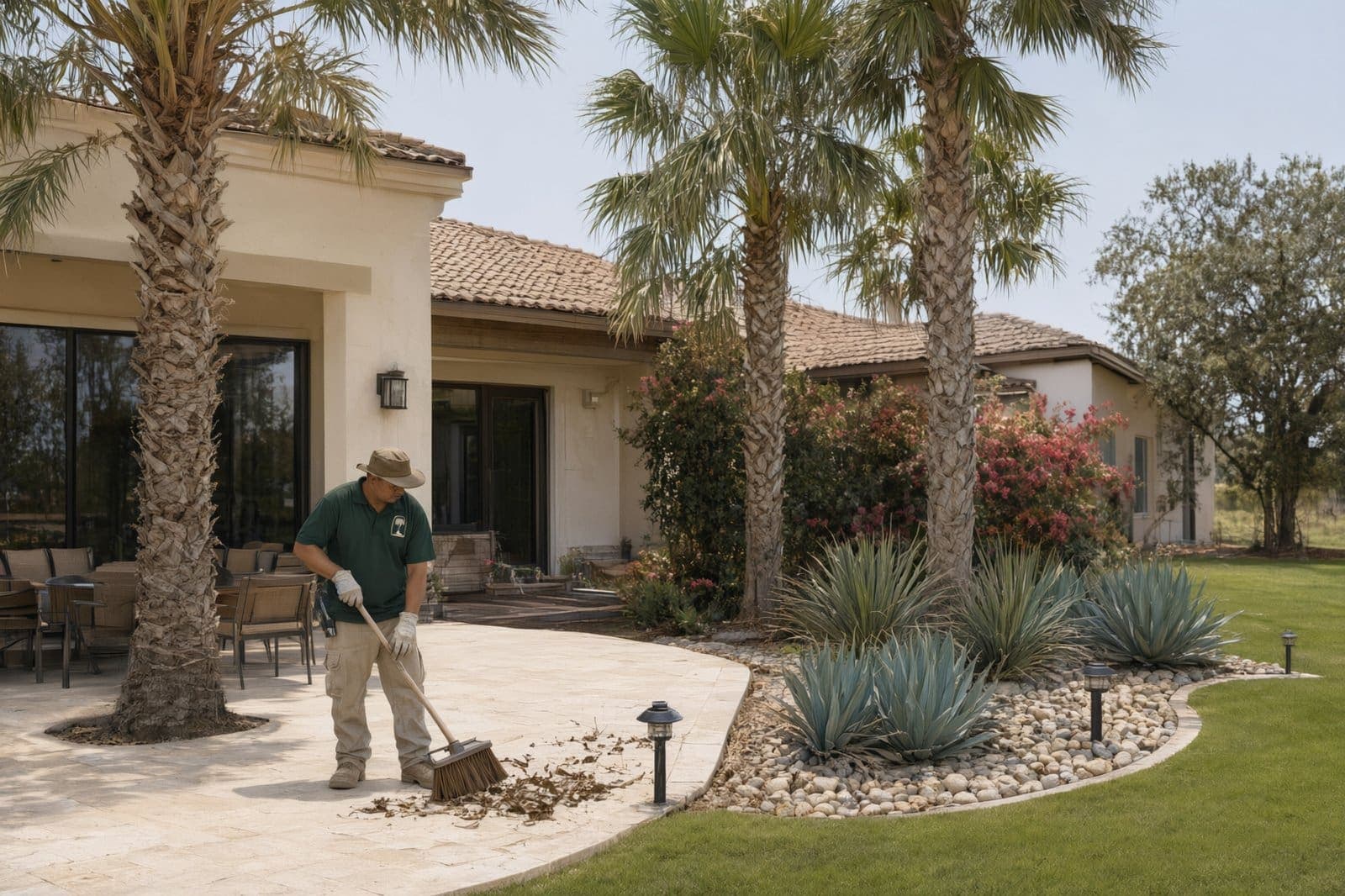 Finished backyard with a travertine patio, sabal palms, an agave and river rock bed and low path lights, a crew member sweeping the last leaves